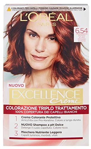 L’Oréal Paris Colorazione Triplo Trattamento Excellence, Con Acido Ialuronico, 100% Copertura Capelli Bianchi, Per Capelli Più Idratati, Biondo Scuro Mogano Ramato (6,54)