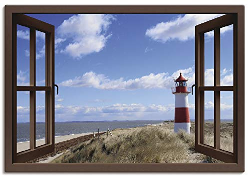 ARTLAND Wanddeko Leinwand Bilder Wandbild 100x70 cm Fensterblick Fenster Strand Meer Maritim Düne Leuchtturm Sylt Nordsee T5SC