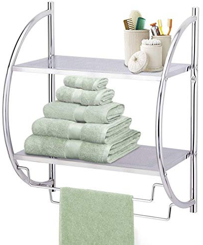 Taylor & Brown 2 Tier Modern Chrome Wall Mounted Curved Bathroom Shelf Shelving Unit With Double Towel Holder Storage Rail Rack - W44 x D25 x H54.5cm