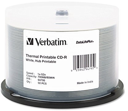 Verbatim CD-R 700MB 52X DataLifePlus Blanco Impresión Térmica, Hub Imprimible - 50pk Husillo