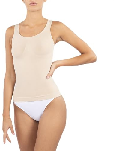 SENSI' Canottiera Donna Contenitiva Modellante Pancia Piatta con Spalla Larga Senza Cuciture Seamless, Made in Italy (Naturale)