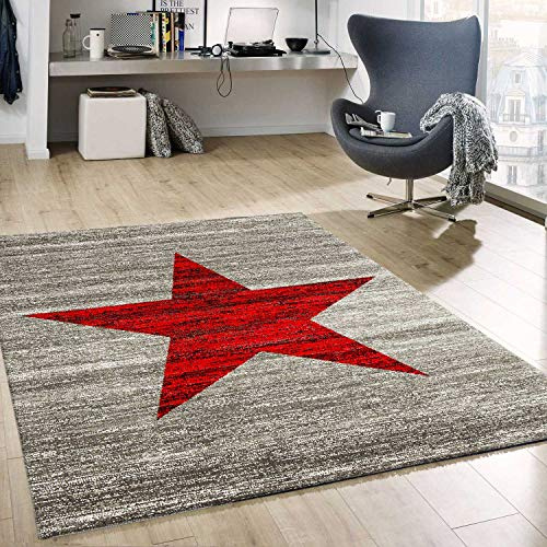 VIMODA Rot Trendiger Kurzflor Teppich, Sternmuster jugenzimmer Grau Plegeleicht, Maße:160x220 cm