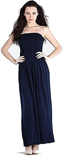 New Womens Plain Long Strapless Elasticated Shearing Ladies Bandeau Shirred Boob Tube Summer Maxi Dress Navy Blue Size 12 – 14