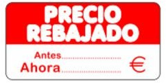 500 Etiquetas PRECIO REBAJADO... Antes ... Ahora.. €. En papel blanco e impresas en rojo, de 50 x 25 mm. (se suministran en 1 rollo)