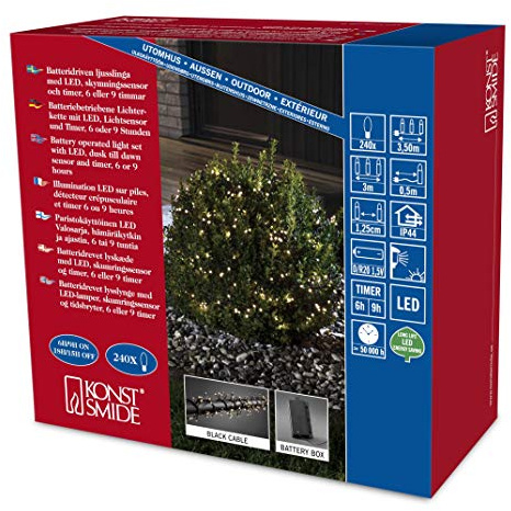 Konstsmide 3734-100 Micro LED ljuskedja Cluster/för utomhusbruk (IP44)/batteridriven: 4 x D 1,5 V (exkl.) / med ljussensor, 6 h och 9 h timer/240 varma vita dioder, svart kabel