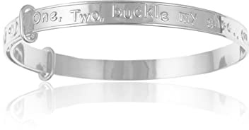 'ONE, TWO, BUCKLE MY SHOE' 5MM Wide Nursery Rhyme Expanding / Expandable / Adjustable Bangle Bracelet for Baby/Child/Children/Girl - 925 Sterling Silver - Size: BABY (Small)