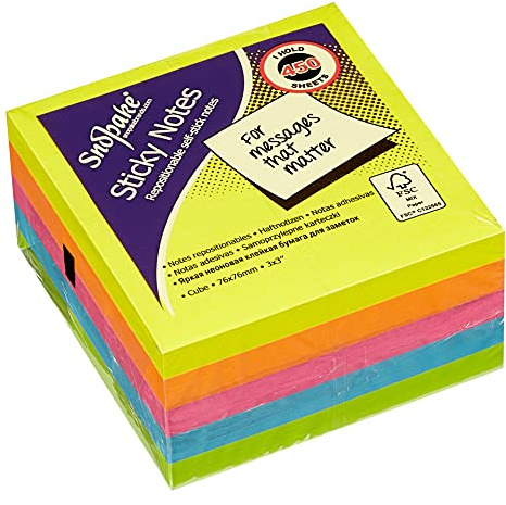 Snopake 76 x 76 mm Neon Assorted Sticky Notes [Cube of 450 Sheets] 11702, Neon/Assorted Colours