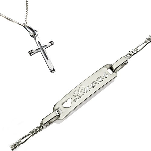 Taufset : Anhänger Kreuz mit Venezianer-Kette + Babyarmband - Taufarmband ID mit SOFORTGRAVUR + VORSCHAU: Gravur 13 cm: Figaro-Glieder. Beide Teile Sterling Silber 925 gestempelt