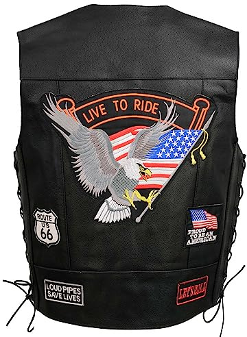 EVENT LEATHER ELM3930 Men’s Black Motorcycle Riders Leather Vest w/ 9 Patches and Adjustable Side Laces - Large