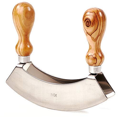 das Olivenholzbrett Tajadera, Tablero con Dos Cuchillas Y Mango de Madera de Olivo - zwei Klingen