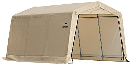 ShelterLogic 10' x 15' x 8' Peak Style Roof Instant Garage Carport Car Canopy with Steel Frame and Waterproof UV-Treated Cover, Sandstone