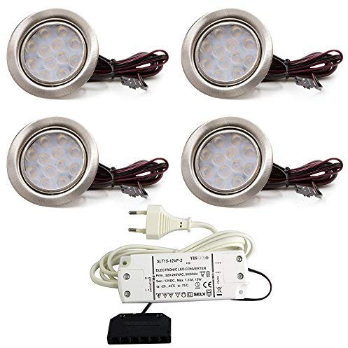 vislux 4er Set LED Möbelleuchte Einbaustrahler Edelstahl Gebürstet flach 3W warmweiß 3200K 200lm 12V + 15W LED Trafo 230V für das Wohnzimmer, Küche und Bad
