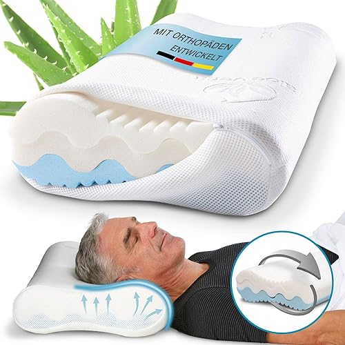 ELONEO Nackenstützkissen individueller Härtegrad 4-fache Höhenanpassung 3D-Abstandsgewebe, Kopfkissen mit Memory Foam inkl. Aloe Vera Klima-Bezug 60 x 35 cm, Viskoschaum