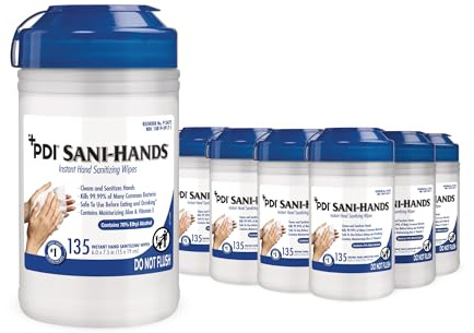 PDI Healthcare P13472 Sani-Hands Instant Hand Sanitizing Wipes, Medium, 6 x 7.5 (12 Canisters of 135 Wipes, 1620 Total)