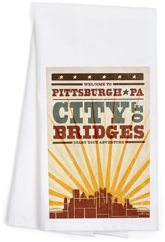Lantern Press Pittsburgh, Pennsylvania, Skyline and Sunburst Screenprint Style (100% Cotton Tea Towel, Decorative Hand Towel, for Kitchen and Home)