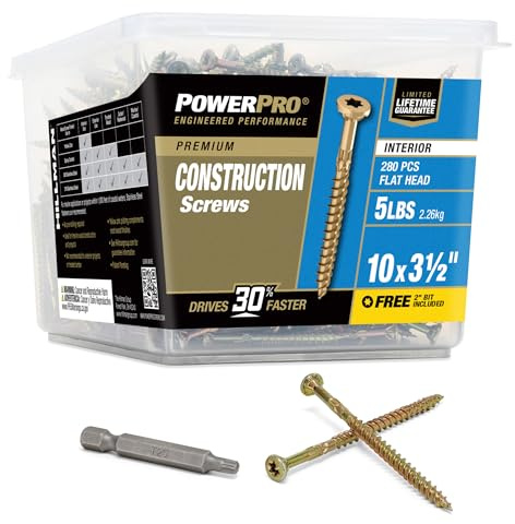 Power Pro 48593 Interior Wood Screws, #10 x 3-1/2, Epoxy Coated, Torx/Star Drive Included, Coarse Thread, Decking Screws, Outdoor Rust Resistant, Gold, 295pcs