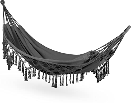 Outtec Hängematte 200x150cm, bis 200 kg, Hängematten für 1-2 Personen, Baumwolle Hängematte Outdoor, Boho Möbel für Garten, Balkon, Terrasse, Atmungsaktiv Hängematte Kinder und Erwachsene, Dunkelgrau