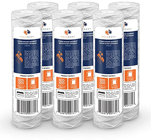 Aquaboon Whole House 5 Micron 10 x 2.5 String Wound Sediment Water Filter Cartridge Replacement Compatible with Well Water Filter WHKF-WHSW, 6-Pack