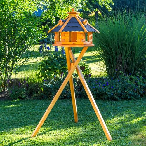 Vogelhaus von klein bis Riesig XXL Futterhaus Futterhäuschen Vogelvilla V18, Vogelfutterhaus aus Holz mit Solarbeleuchtung beleuchtet (Schwarz, mittel mit Ständer)