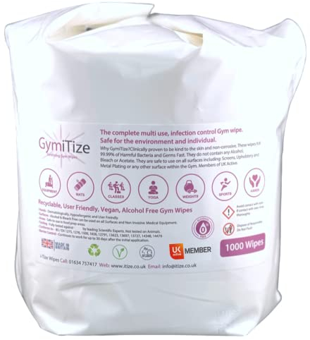 Gymitize Gym Wipes, Alcohol Free, Antibacterial, Antiviral, Recyclable, Made in the UK, Advanced Barrier Technology, 1000 Refill Wipes (Pack of 1) 1,000 Per Pack