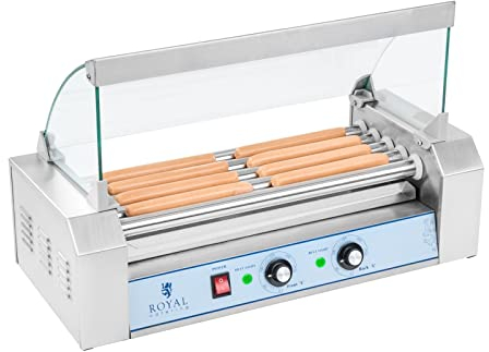Royal Catering Hot Dog Grill Hot Dog Maschine Hot Dog Maker (5 Rollen, Platz für 8 Würstchen, 1.000 W, 2 Heizzonen, Edelstahl) silber