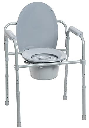 Drive Medical Folding Steel Bedside Commode Chair - 3-in-1 Portable Toilet - Adjustable Height - 350 Lb Weight Capacity - 7.5 Qt Bucket - Adult Commode - Grey
