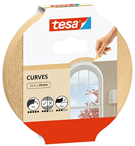 tesa Cinta de Pintor CURVAS - Cinta de Carrocero con Base Crepé Extra Fuerte para Enmascarar Curvas y Formas Irregulares - Superficies Rugosas y Lisas - 25 m x 25 mm