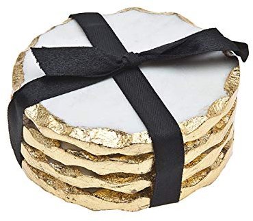 Godinger Round Coasters Gold Edge, Marble Coaster Set, Table Protection, Set of 4