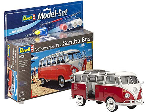 Revell Model Set 67399 Volkswagen T1 SAMBA BUS 1:24 Scale Unbuilt/Unpainted Plastic Model Kit with Contacta Professional Glue, Paintbrush & Selected Aqua Color Paints
