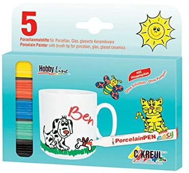 KREUL 16300 - Porcelain Marker medium Junior 5er Set - Kunterbuntes Farben-Set mit Porzellanmalstiften, mit denen Kinder ohne Schütteln und Pumpen sofort los malen