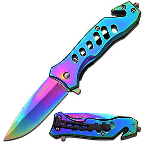 Tac-Force- Folding Pocket Knife – Rainbow TiNite Coated Stainless Steel Blade and Handle, Glass Punch and Pocket Clip, Tactical, EDC, Rescue - TF-844