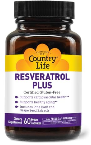 Country Life Resveratrol Plus 1000mg - Organic Antioxidant Supplement with Pine Bark & Grape Seed Extracts - Vegan, Gluten-Free, Non-GMO