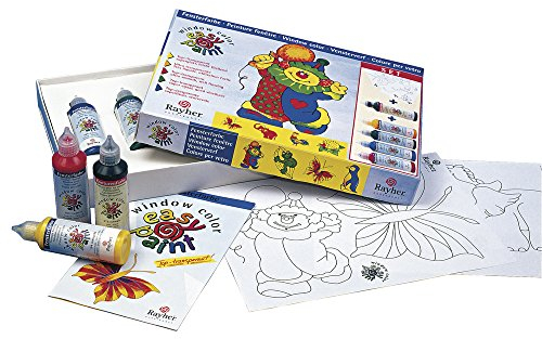 Rayher Komplett-Set Window Color easy paint, abziehbare Fenstermalfarben, Fensterfarbe, Set-Inhalt 5 Farben, Folie, Malvorlagen, 38770000