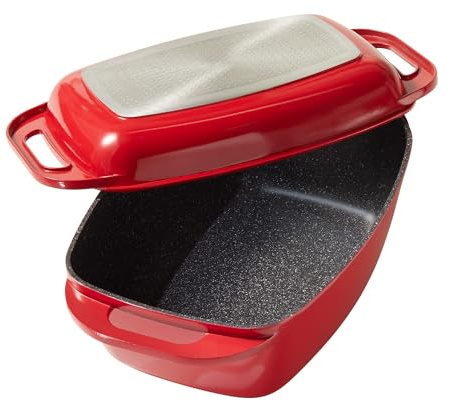 STONELINE Aluguss Bräter mit Deckel 43x26 cm, 8,4 L Bräter Induktion Backofengeeignet Für alle Herdarten, Deckel als Auflaufform verwendbar, Topf Antihaft Beschichtet mit echten Steinpartikeln, Rot