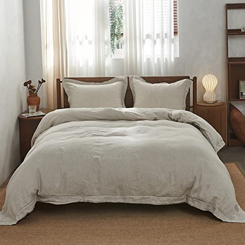 Simple&Opulence King Duvet Cover Sets, 100% Washed Linen Bedding with Embroidery Pillowcases, Warm Cozy Quilt Cover with Button Closure, 230cm x 220cm, Natural Linen