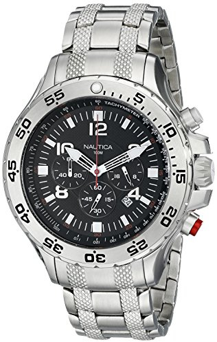 Nautica Reloj de Cuarzo y Silicona para Hombre, Plateado/Negro., Case 53MM, Cronógrafo, clásico