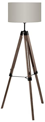 EGLO Stehlampe Lantada, 1 flammige Stehleuchte Vintage, Standleuchte aus Holz, Stahl und Textil, Wohnzimmerlampe in Dunkelbraun und Taupe, Lampe mit Schalter, E27 Fassung