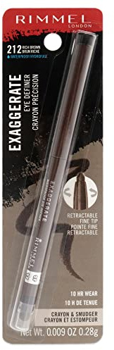 Rimmel London Exaggerate Waterproof Eye Definer Eyeliner, Highly Pigmented, Long-Wearing, Built-In Smudger, 212, Rich Brown, 0.01oz