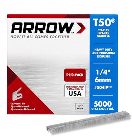 Arrow 504 T50 Heavy Duty Staples, 1/4-Inch Leg Length, 3/8-Inch Crown Width Staples for Upholstery, Construction, Furniture, Crafts, 5000-Pack