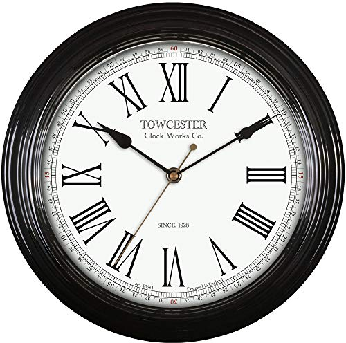 Towcester Clock Works Co. Traditional Quartz Wall Clock with Large Roman Numerals, Black, 30 cm l x 30 cm w