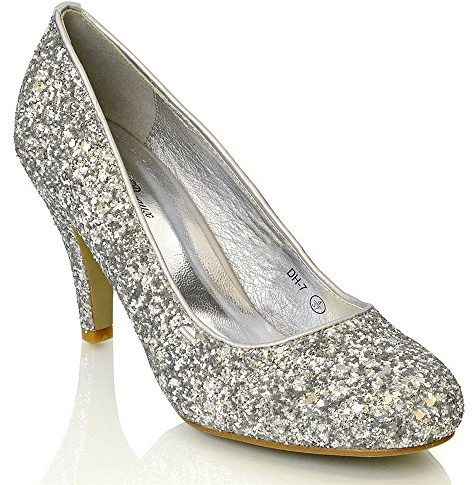 Womens Bridal Wedding Low Heel Sparkly Prom Party Court Shoes Size 3 4 5 6 7 8 (UK 5 / EU 38 / US 7, Silver Glitter)
