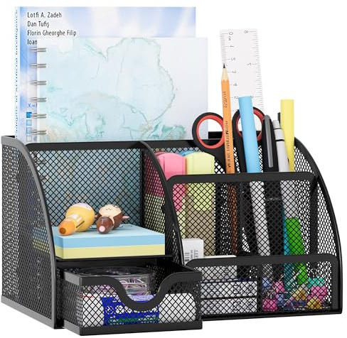 EasyPAG Mesh Desk Organizer with Drawer Multi-functional Pen Holder Stationery Organizer for Office School Supplies 6 Compartments Dorm Organizers and Storage for Desk, Black