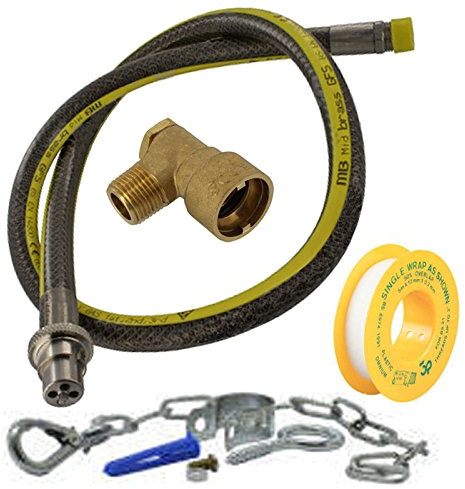 SPARES2GO Universal Oven Cooker Gas Supply Hose, PTFE Pipe Tape, Angled Connector & Safety Chain Kit (4ft 1/2 inch, Straight Bayonet, BS EN14800 CE)