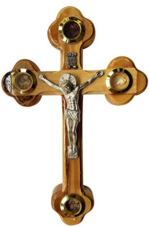 Jerusalem Imports Wandkreuz / Kruzifix Orthodoxe, 14 Stationen, 4 Linsen, Olivenholz, Essenzen (7 Zoll)