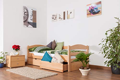 Einzelbett/Funktionsbett Easy Premium Line K1/n/s inkl 2 Schubladen und 2 Abdeckblenden, 90 x 200 cm Buche Vollholz massiv Natur