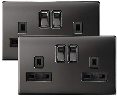 2 x Double Wall Socket Switched Black Nickel 2 Gang Screwless 13a Double Pole N410GME