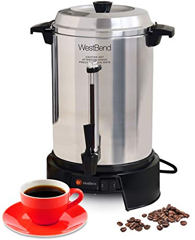 West Bend Commercial Coffee Urn Highly-Polished Aluminum Features Automatic Temperature Control Large Capacity with Quick Brewing Smooth Prep and Easy Clean Up NSF Approved, 55-Cup, Silver