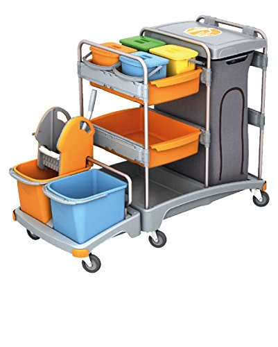 Splast Putzwagen mit Beutelhalter, Moppresse und Eimern, Regal und 4 kleinen Eimern