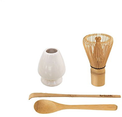 BambooMN Brand - Matcha Green Tea Whisk Set - Whisk + Scoop + Tea Spoon + White Whisk Holder