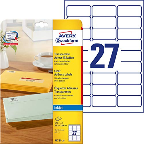 AVERY Zweckform J4721-25 Adressetiketten/Adressaufkleber (675 Etiketten, 63,5x29,6mm auf A4, bedruckbar, selbstklebend, für DIN C6 Briefkuverts, Polyesterfolie, Inkjet-Drucker) 25 Blatt, transparent